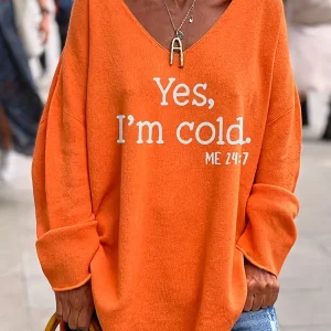 Pull décontracté col en V à message amusant