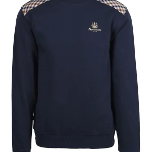 Aquascutum Club Check Shoulder Crew Neck Sweatshirt Navy