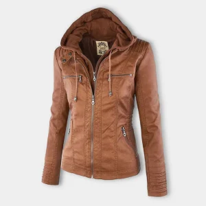 Veste en similicuir pour femme avec capuche et fermeture zippée
